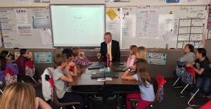 Superintendent Stephens visits with fifth grade students at Lakeview Elementary about how they are using 1:1 chrome books to empower learning